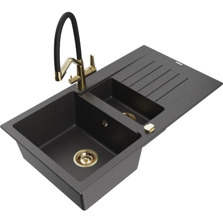 Mexen Matias granite sink 1.5-bowl with drainer and Duo kitchen faucet, black speckled - 6502-76-671701-57-G