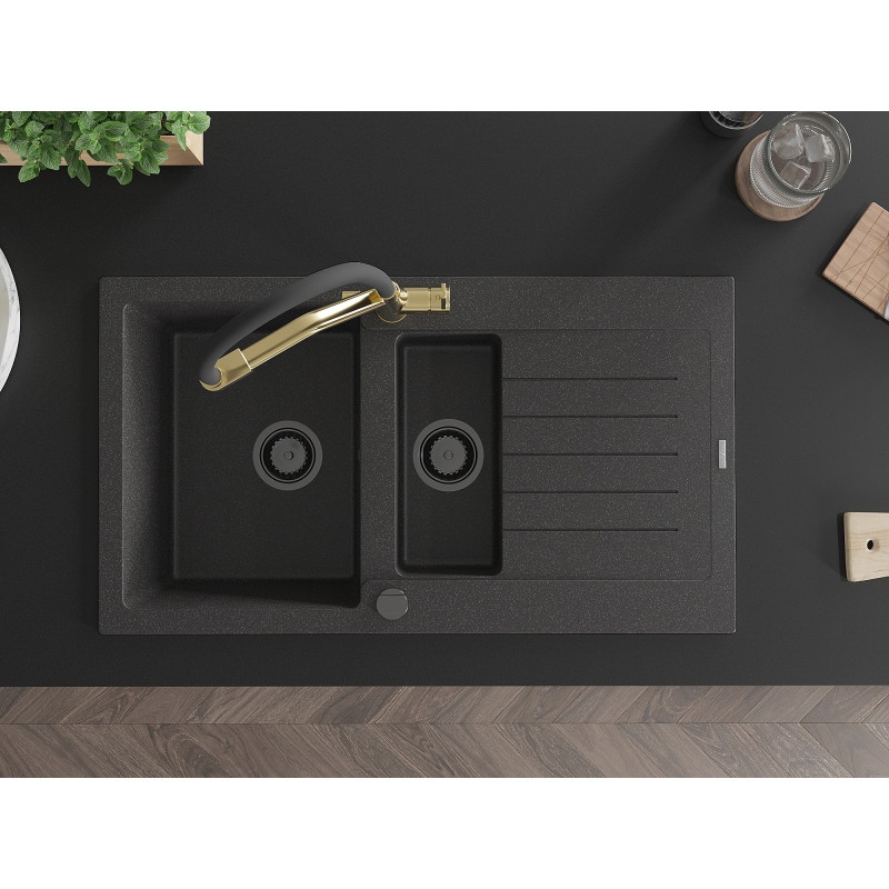 Mexen Matias granitische spoelbak 1,5-kamer met afdruiprek en keukenkraan Duo, zwart gespikkeld - 6502-76-671701-57-B