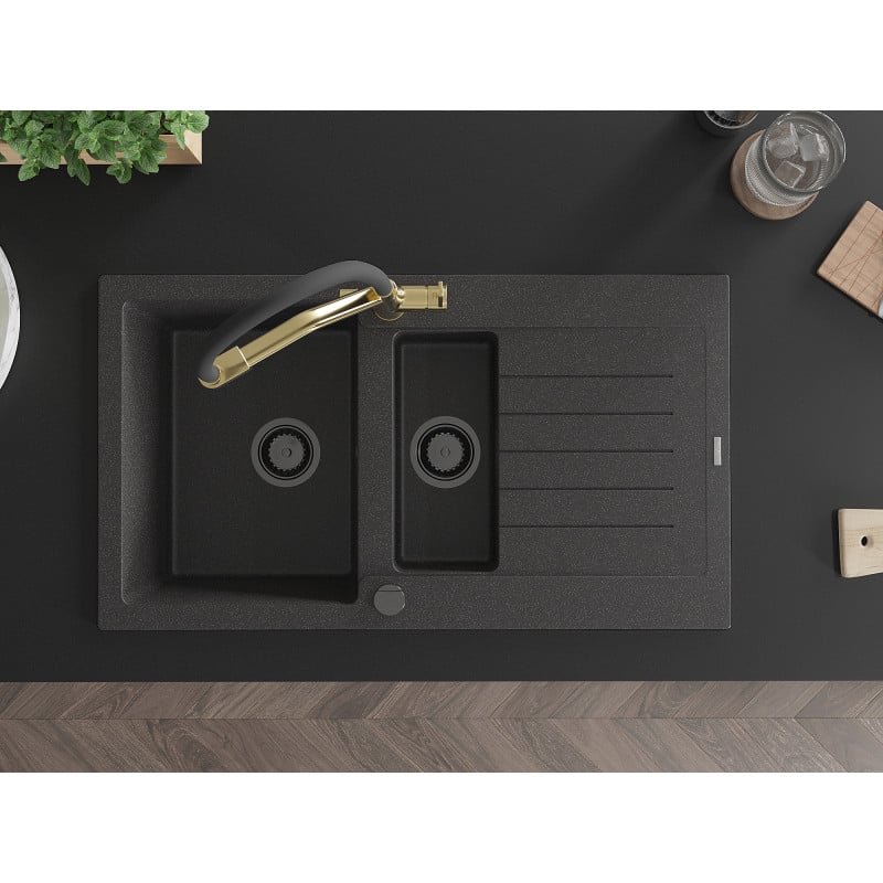 Mexen Matias Granitspüle 1,5-Kammern mit Abtropffläche und Küchenarmatur Duo, schwarz gesprenkelt - 6502-76-671701-57-B