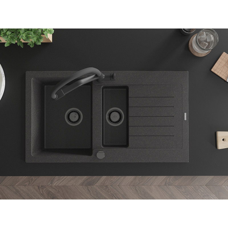 Mexen Matias granite sink 1.5-bowl with a drainer and Duo kitchen tap, black speckled - 6502-76-671701-70-B