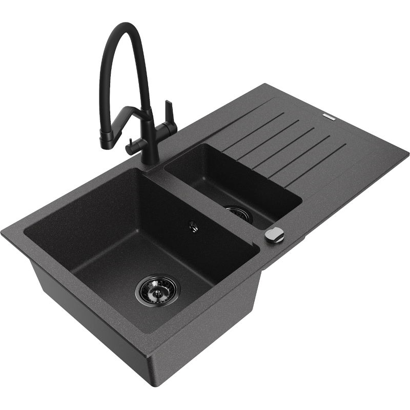Mexen Matias fregadero de granito de 1,5 compartimentos con escurridor y grifo de cocina Duo, negro moteado
