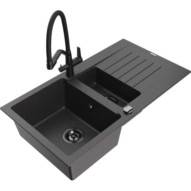 Mexen Matias granite sink 1.5-bowl with a drainer and Duo kitchen tap, black speckled - 6502-76-671701-70-B