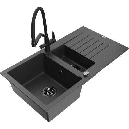 Mexen Matias fregadero de granito de 1,5 compartimentos con escurridor y grifo de cocina Duo, negro moteado