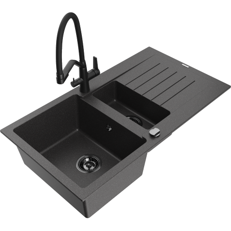 Mexen Matias granite sink 1.5-bowl with a drainer and Duo kitchen tap, black speckled - 6502-76-671701-70-B