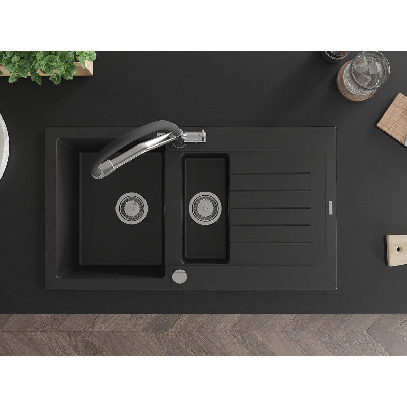 Mexen Matias granite sink 1.5-bowl with drainer and Duo kitchen tap, black - 6502-77-671701-07