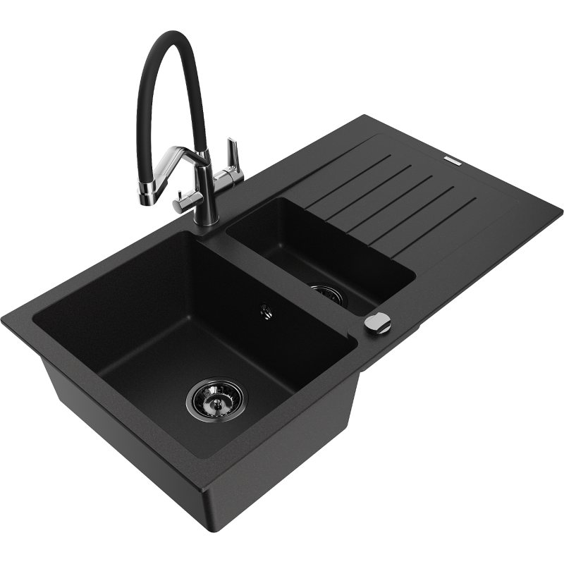 Mexen Matias fregadero de granito 1,5 senos con escurridor y grifo de cocina Duo, negro - 6502-77-671701-07-B