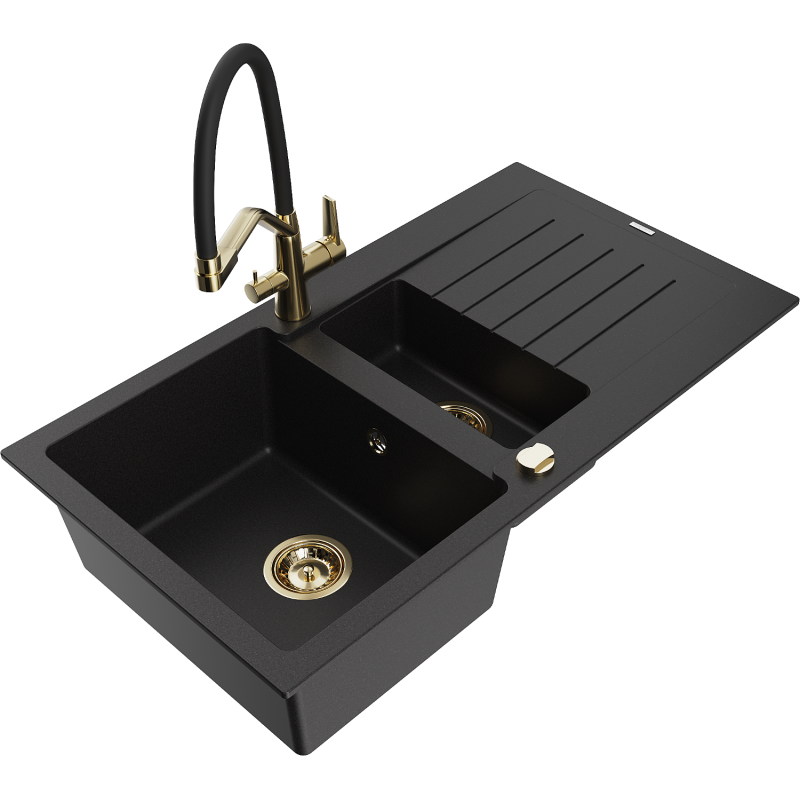 Mexen Matias fregadero de granito de 1,5 compartimentos con escurridor y grifo de cocina Duo, negro - 6502-77-671701-57-G