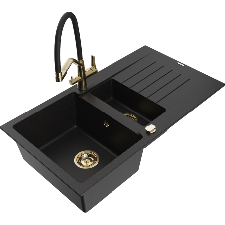 Mexen Matias granite sink 1.5-bowl with drainer and Duo kitchen tap, black - 6502-77-671701-57-G