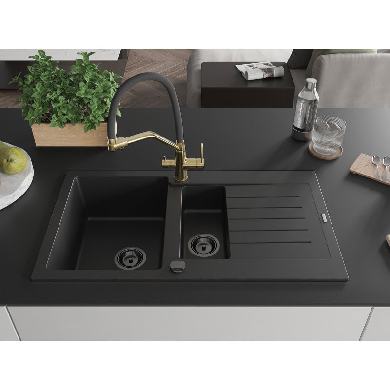 Mexen Matias fregadero de granito 1,5-cubeta con escurridor y grifo de cocina Duo, negro - 6502-77-671701-57-B