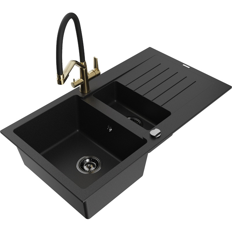 Mexen Matias fregadero de granito de 1,5 senos con escurridor y grifo de cocina Duo, negro - 6502-77-671701-57-B