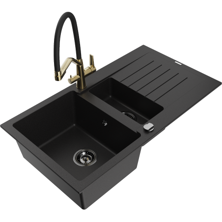 Mexen Matias granite sink 1.5-bowl with drainer and Duo kitchen tap, black - 6502-77-671701-57-B