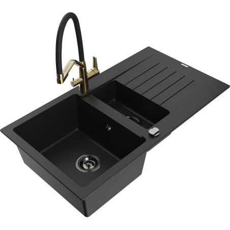 Mexen Matias zlewozmywak granitowy 1,5-komorowy z ociekaczem i baterią kuchenną Duo, czarny - 6502-77-671701-57-B