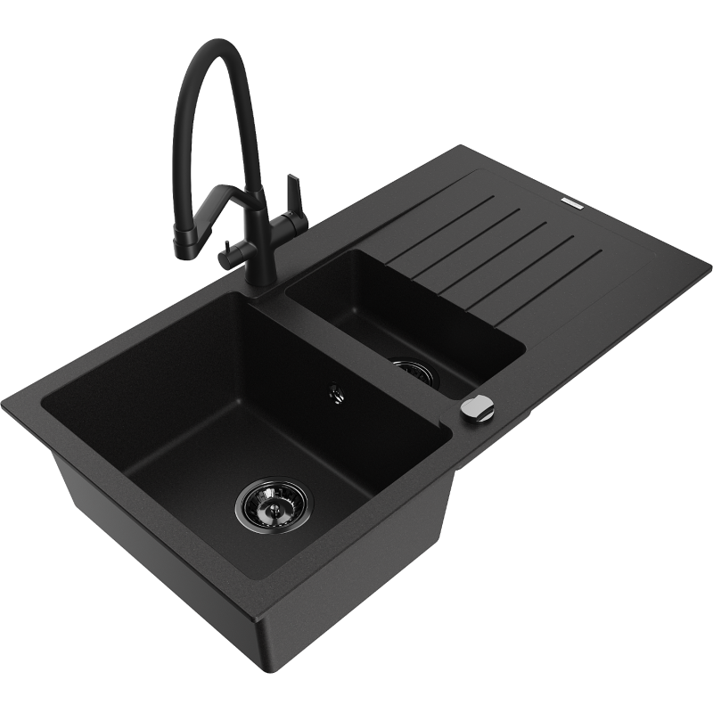 Mexen Matias 1.5-bowl granite kitchen sink with drainer and Duo tap, black - 6502-77-671701-70-B