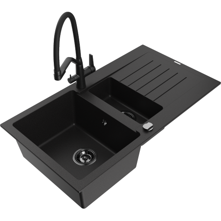 Mexen Matias fregadero de granito 1,5 senos con escurridor y grifo de cocina Duo, negro - 6502-77-671701-70-B