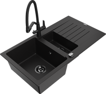 Mexen Matias fregadero de granito 1,5 senos con escurridor y grifo de cocina Duo, negro - 6502-77-671701-70-B