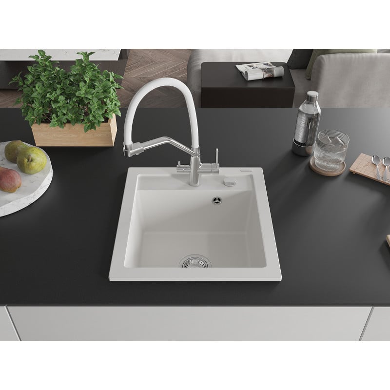 Mexen Vito granite sink 1-bowl with Duo kitchen tap, white - 6503-20-671701-02