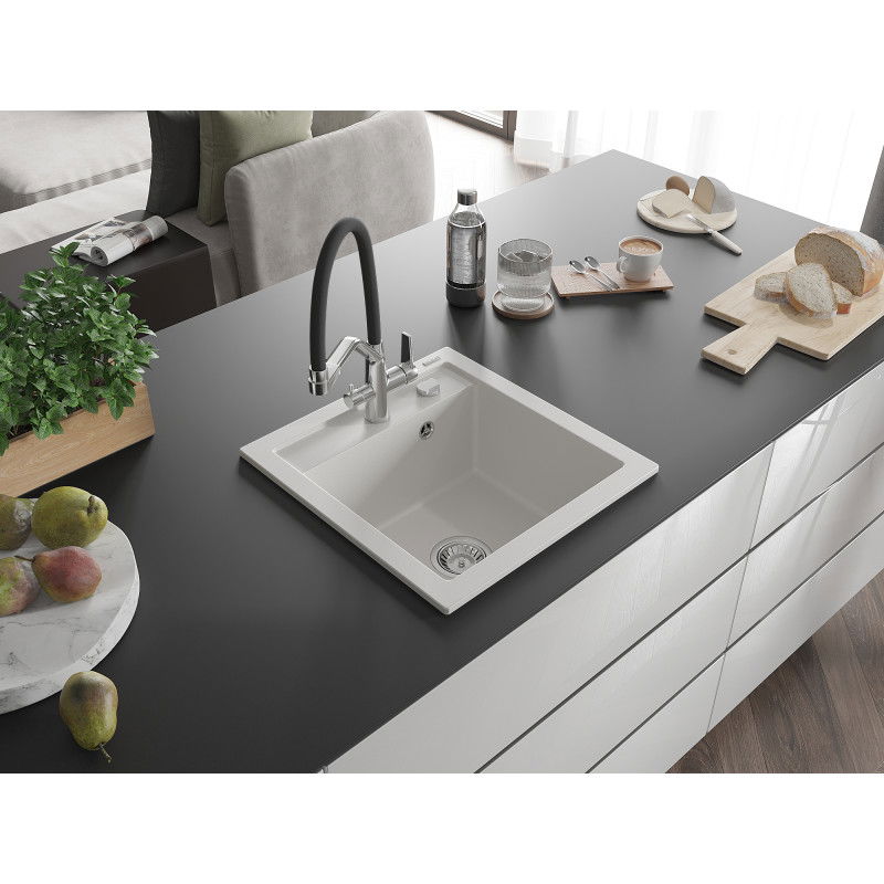 Mexen Vito granite sink 1-bowl with Duo kitchen tap, white - 6503-20-671701-07