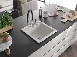 Mexen Vito 1-chamber granite sink with Duo kitchen faucet, white - 6503-20-671701-07