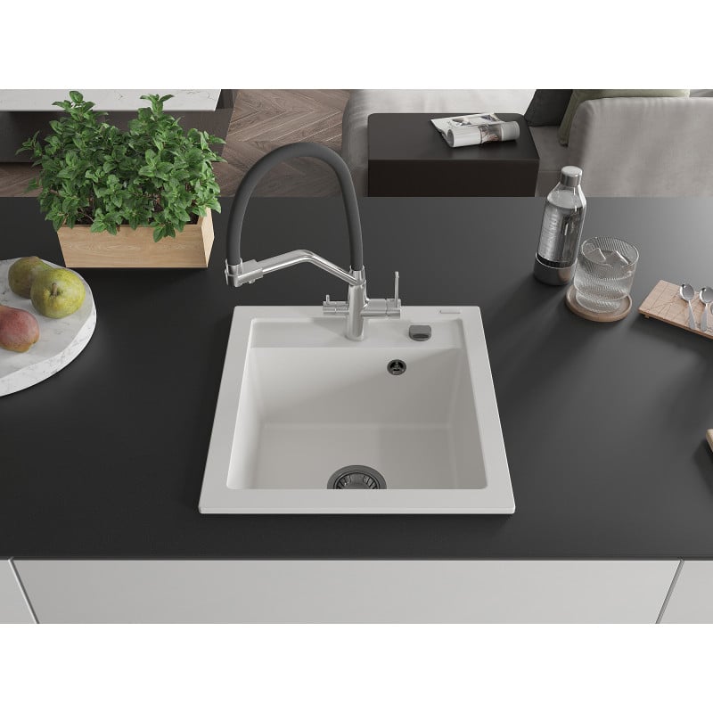 Mexen Vito granite kitchen sink, 1-bowl with Duo kitchen tap, white - 6503-20-671701-07-B