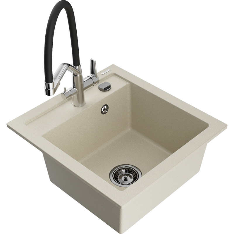 Mexen Vito Évier en granit 1 bac avec robinet de cuisine Duo, beige - 6503-69-671701-07-B