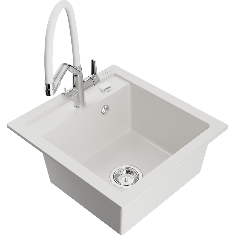 Mexen Vito fregadero de granito de 1 cubeta con grifo de cocina Duo, blanco - 6503-20-671701-02