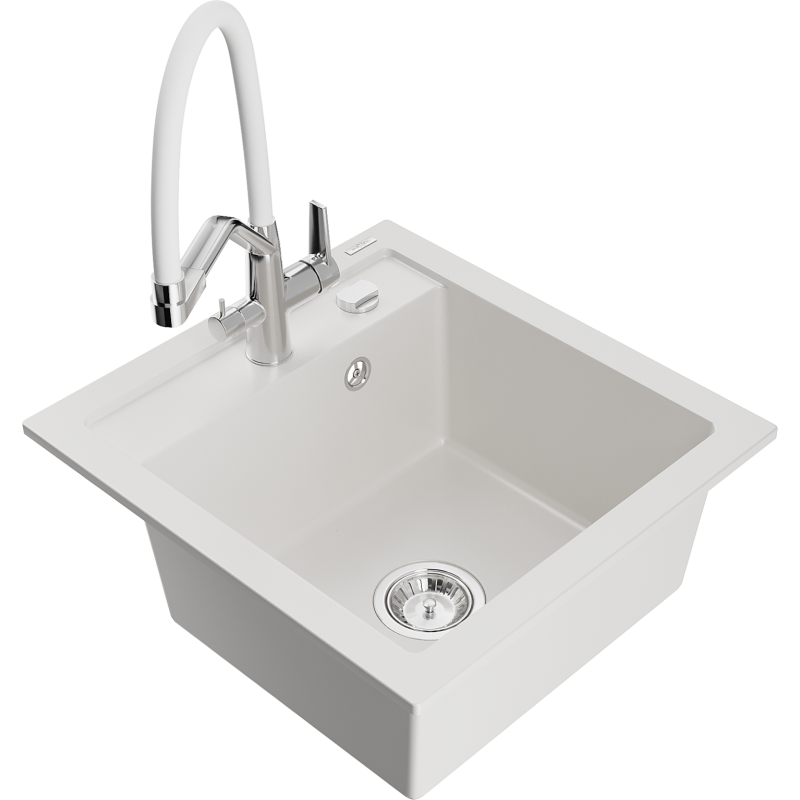 Mexen Vito lava-louça de granito 1-cuba com torneira de cozinha Duo, branco - 6503-20-671701-02