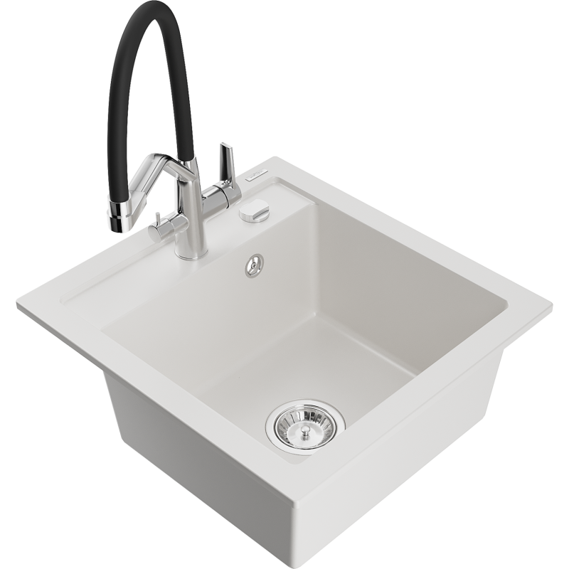 Mexen Vito fregadero de granito de 1 cubeta con grifo de cocina Duo, blanco - 6503-20-671701-07