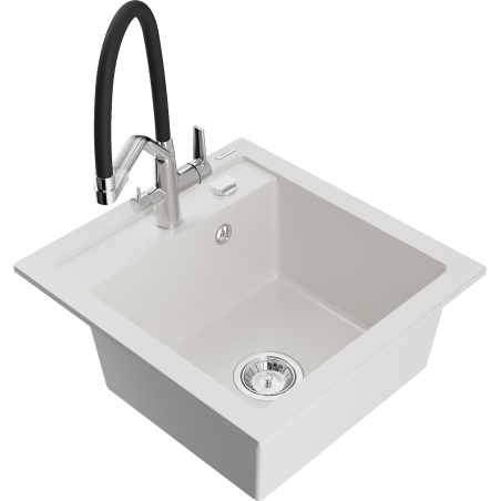 Mexen Vito granite sink 1-bowl with Duo kitchen tap, white - 6503-20-671701-07