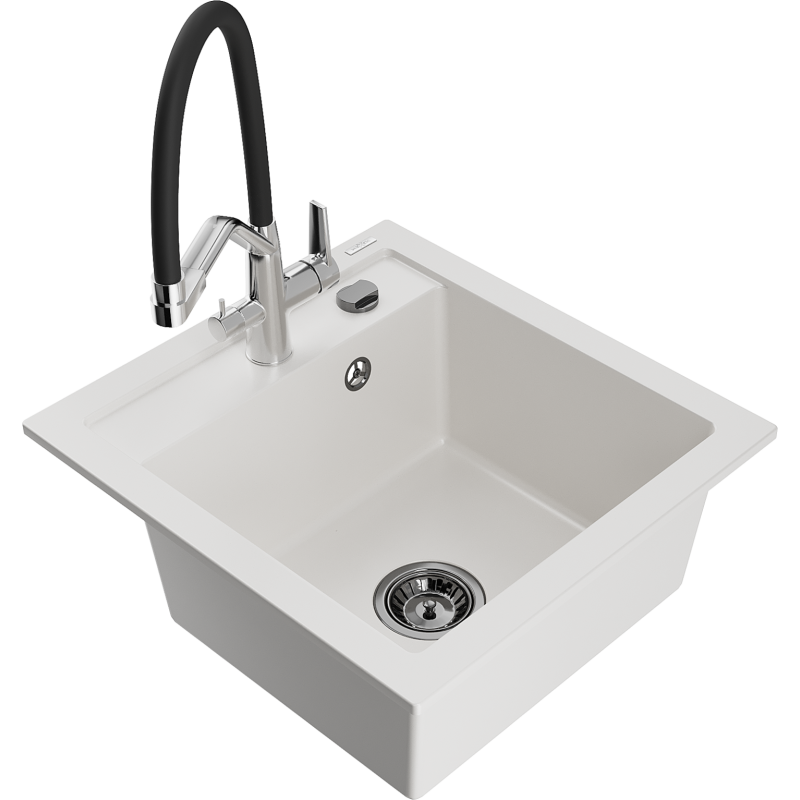 Mexen Vito granite kitchen sink, 1-bowl with Duo kitchen tap, white - 6503-20-671701-07-B