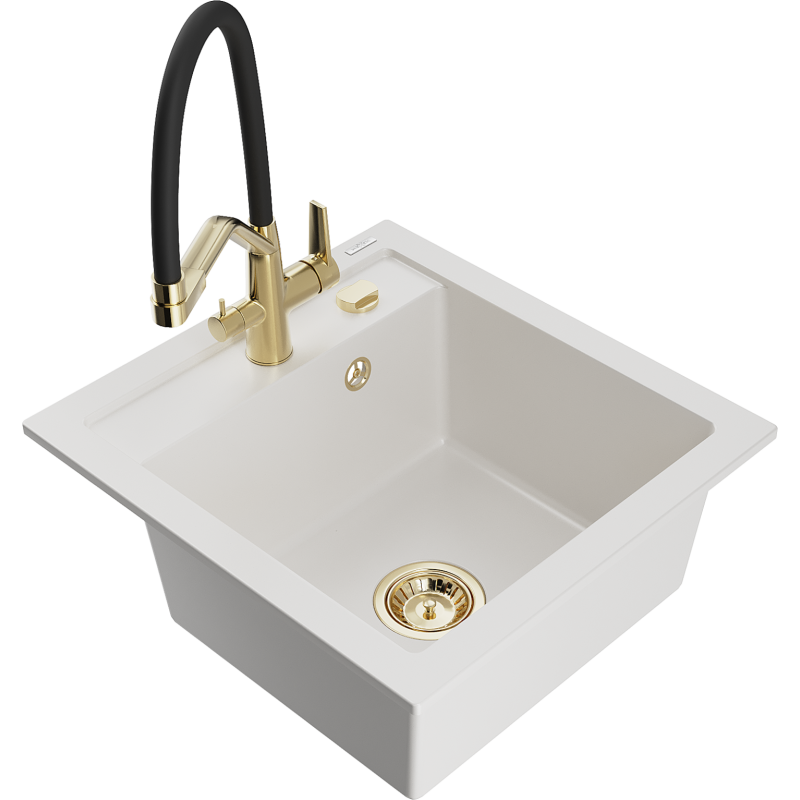 Mexen Vito lavello da cucina in granito a 1 vasca con miscelatore Duo, bianco - 6503-20-671701-57-G