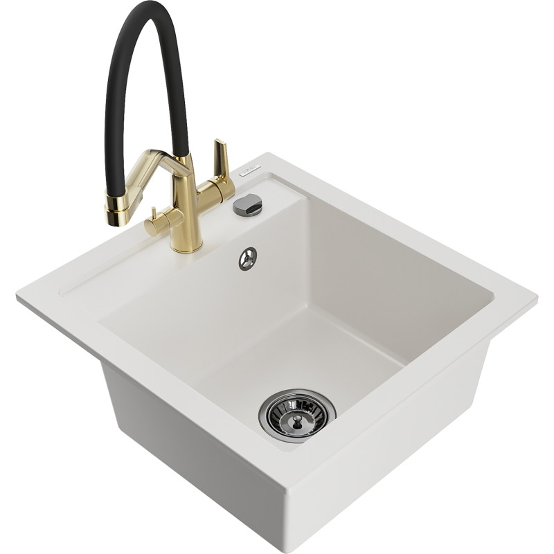 Mexen Vito fregadero de granito de 1 compartimento con grifo de cocina Duo, blanco - 6503-20-671701-57-B