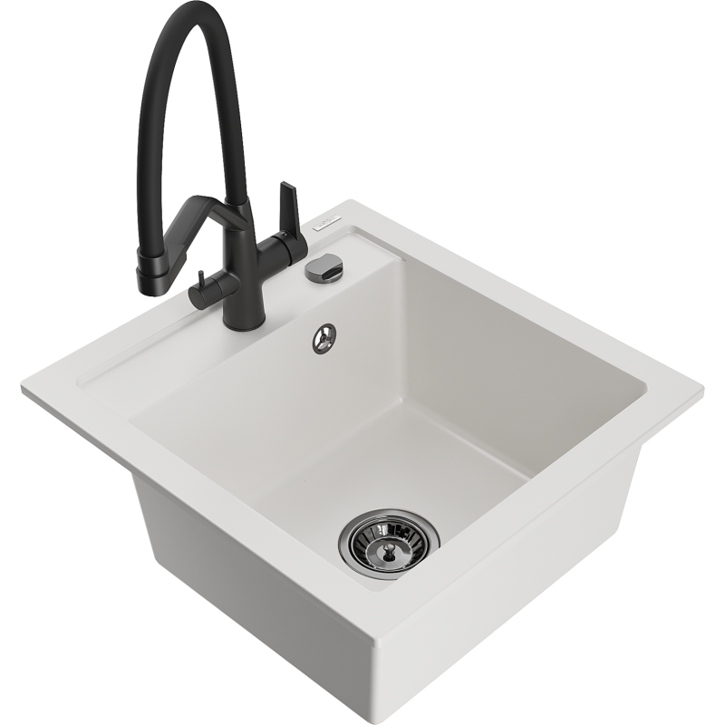 Mexen Vito 1-bowl granite sink with Duo kitchen tap, white - 6503-20-671701-70-B