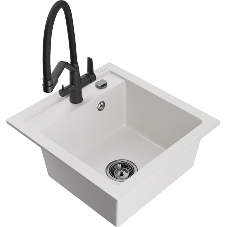 Mexen Vito 1-bowl granite sink with Duo kitchen tap, white - 6503-20-671701-70-B