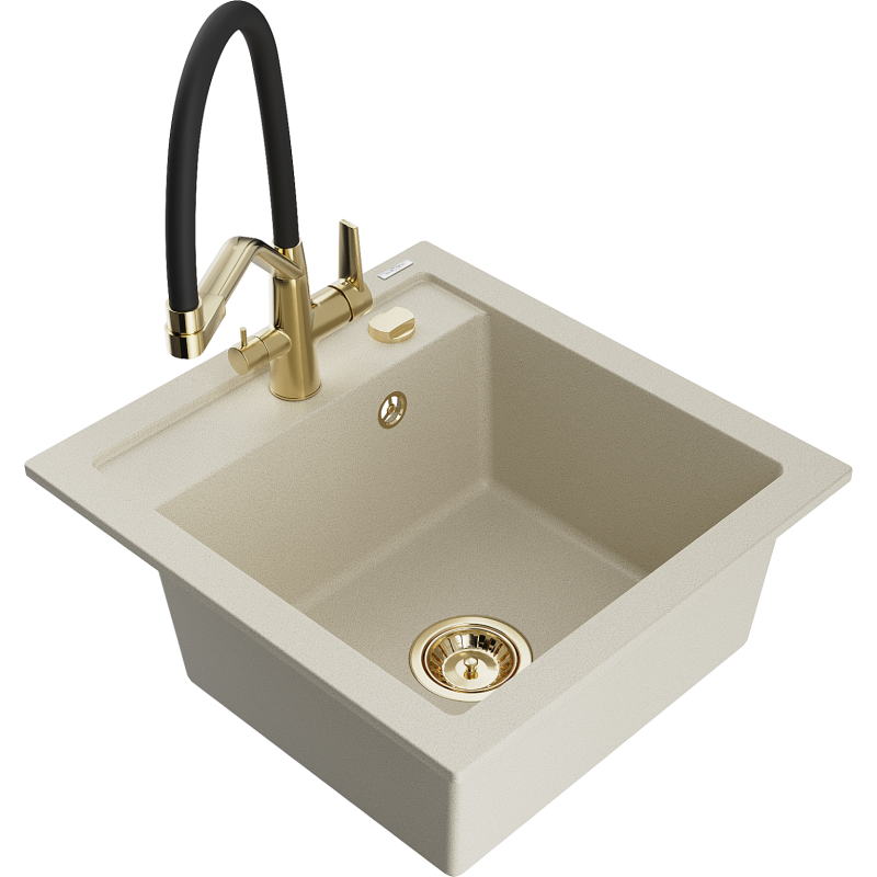 Mexen Vito fregadero de granito de 1 cámara con grifo de cocina Duo, beige - 6503-69-671701-57-G