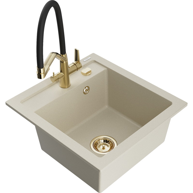 Mexen Vito fregadero de granito de 1 compartimento con grifo de cocina Duo, beige - 6503-69-671701-57-G