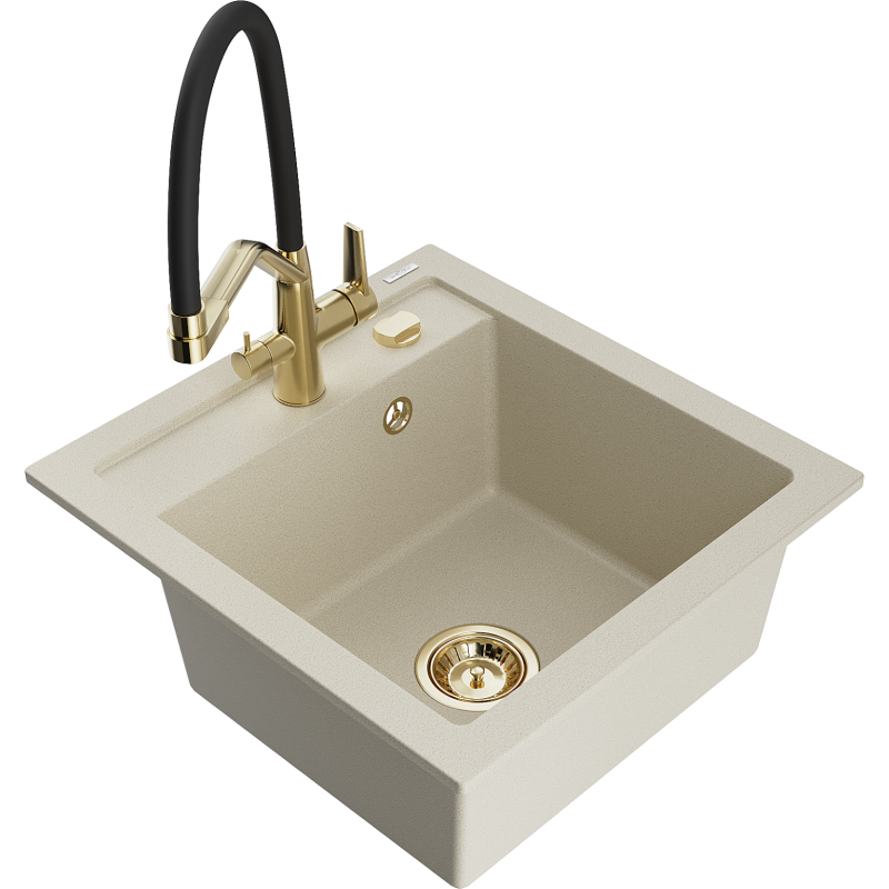 Mexen Vito lava-loiça de granito com 1 cuba e torneira de cozinha Duo, bege - 6503-69-671701-57-G