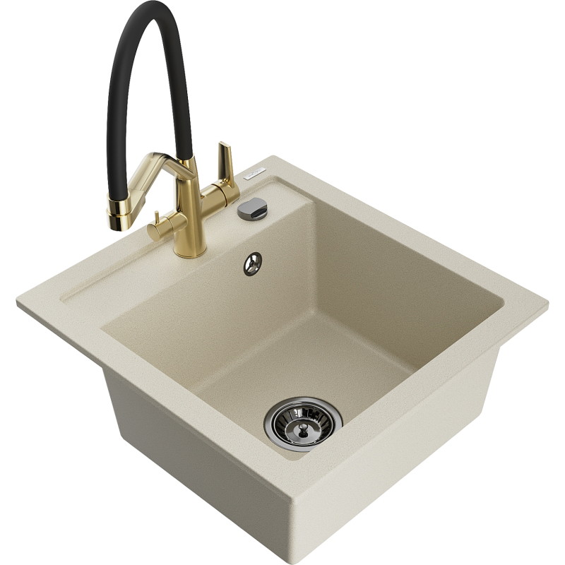 Mexen Vito 1-kom Schuursponzig Granieten Gootsteen met Duo Keukenkraan, Beige - 6503-69-671701-57-B