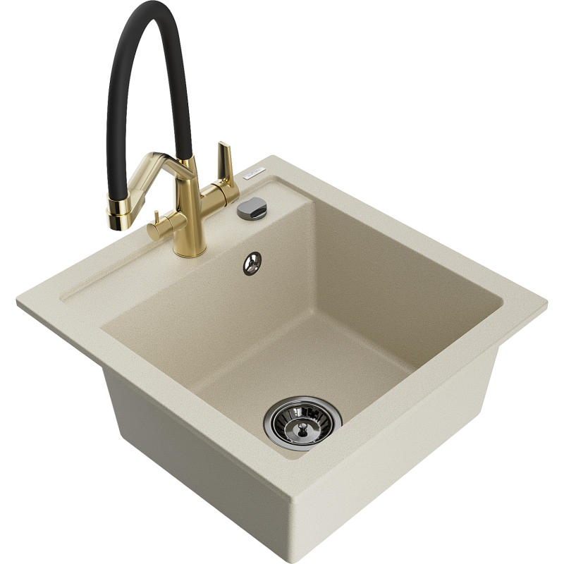 Mexen Vito fregadero de cocina de granito de 1 cubeta con grifo Duo, beige - 6503-69-671701-57-B