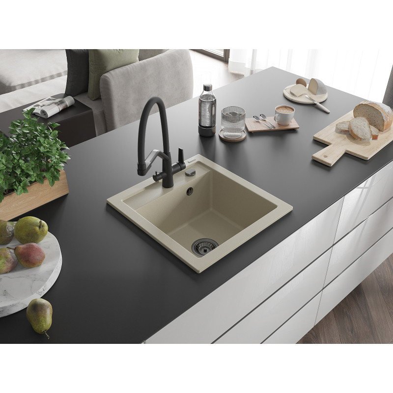 Mexen Vito granieten gootsteen met 1 bak met keukenmengkraan Duo, beige - 6503-69-671701-70-B