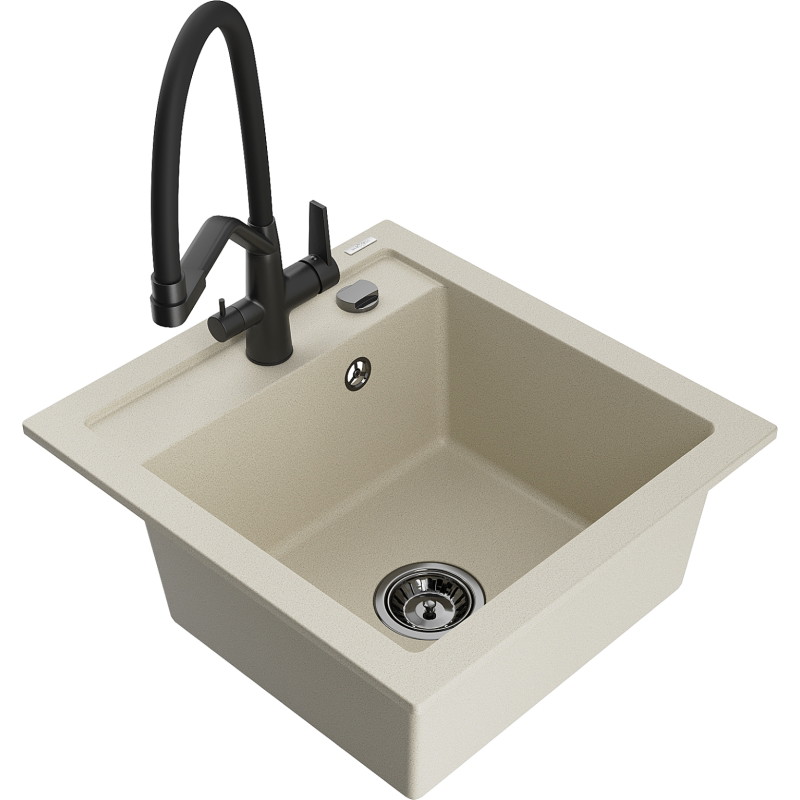 Mexen Vito granieten gootsteen met 1 bak met keukenmengkraan Duo, beige - 6503-69-671701-70-B