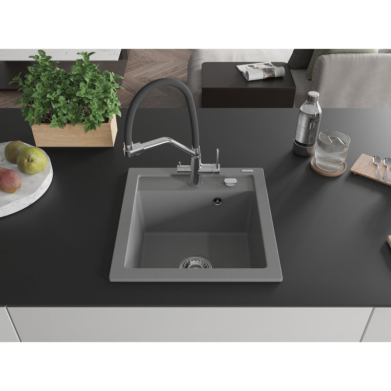 Mexen Vito 1-bowl granite sink with Duo kitchen tap, grey - 6503-71-671701-07