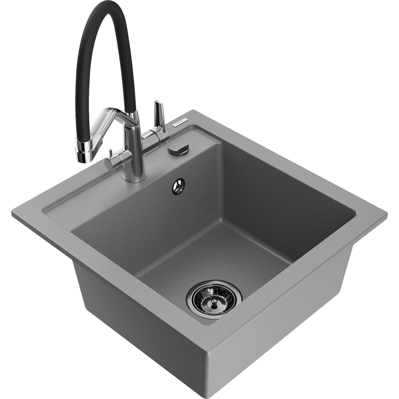 Mexen Vito lava-louça de granito 1-cuba com torneira de cozinha Duo, cinza - 6503-71-671701-07-B