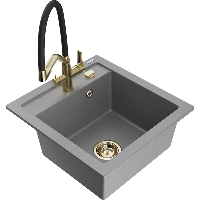 Mexen Vito fregadero de granito de 1 cubeta con grifo de cocina Duo, gris - 6503-71-671701-57-G