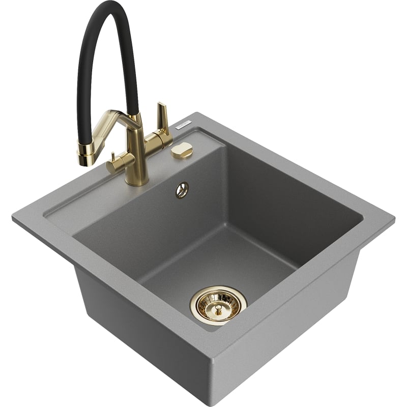 Mexen Vito granite kitchen sink 1-bowl with Duo kitchen faucet, gray - 6503-71-671701-57-G
