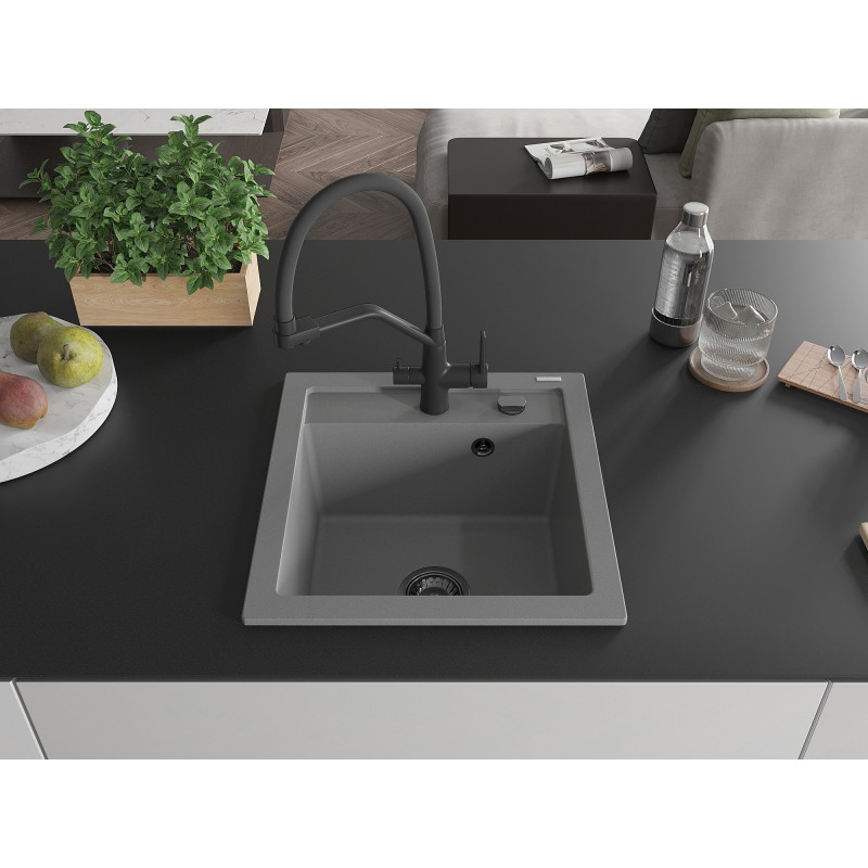 Mexen Vito fregadero de granito de 1 cubeta con grifo de cocina Duo, gris - 6503-71-671701-70-B