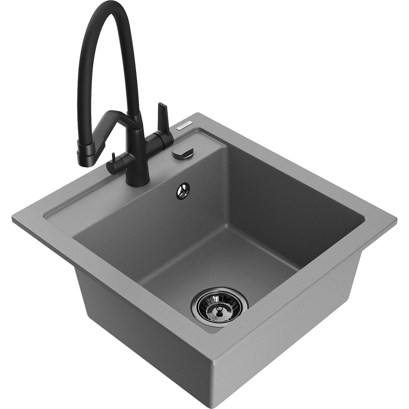 Mexen Vito Granitspüle 1-Becken mit Küchenarmatur Duo, Grau - 6503-71-671701-70-B