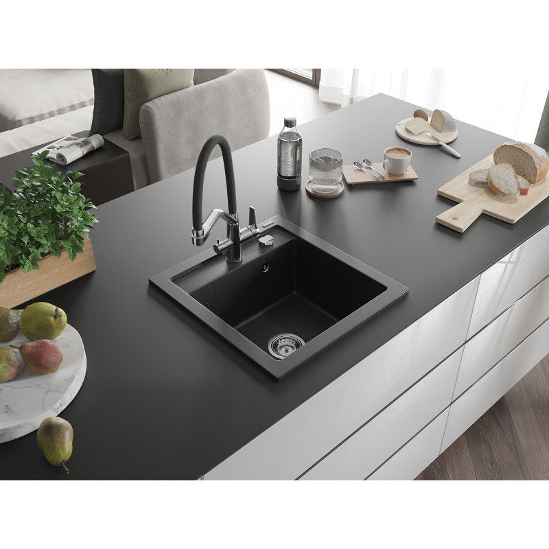 Mexen Vito fregadero de granito de 1 cubeta con grifo de cocina Duo, negro/plata metálica - 6503-73-671701-07