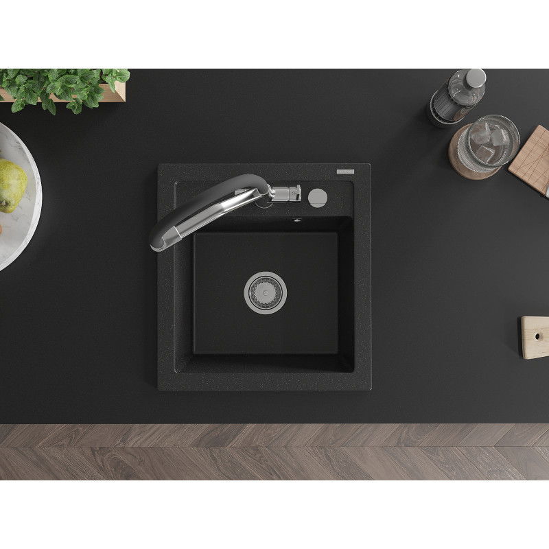 Mexen Vito lavello in granito a 1 vasca con miscelatore da cucina Duo, nero/argento metallizzato - 6503-73-671701-07