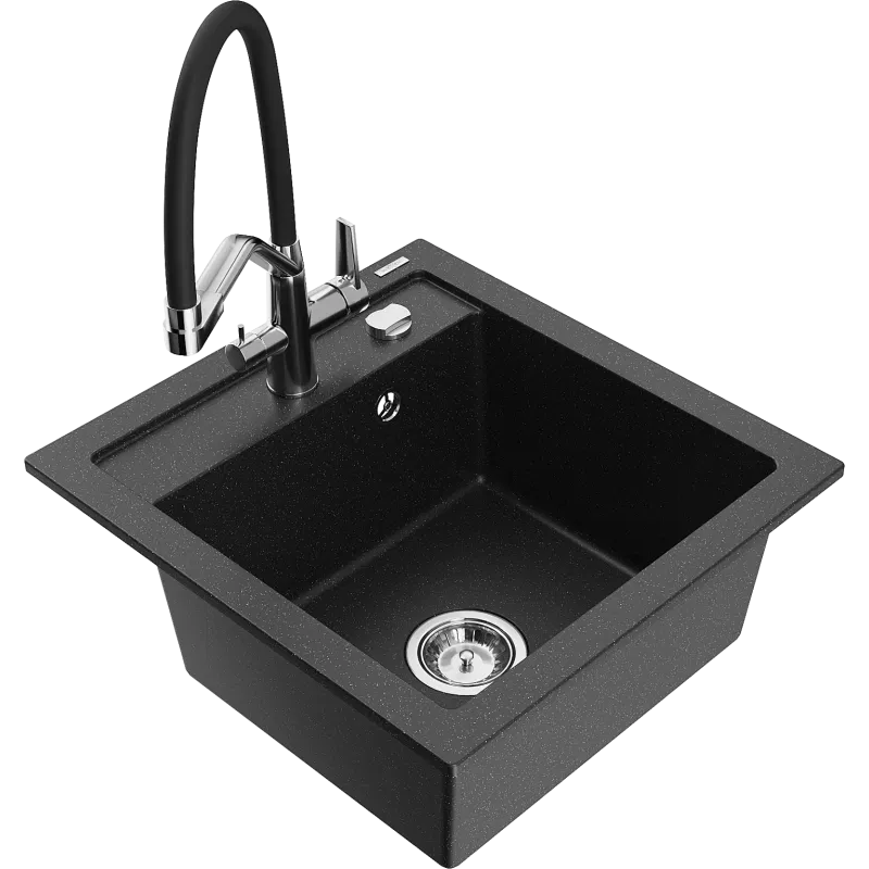Mexen Vito 1-bowl granite sink with Duo kitchen tap, black/silver metallic - 6503-73-671701-07