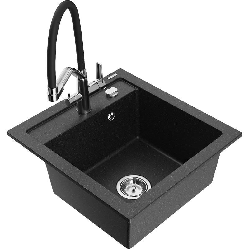 Mexen Vito Granitspüle 1-Becken mit Küchenarmatur Duo, schwarz/silber Metallic - 6503-73-671701-07